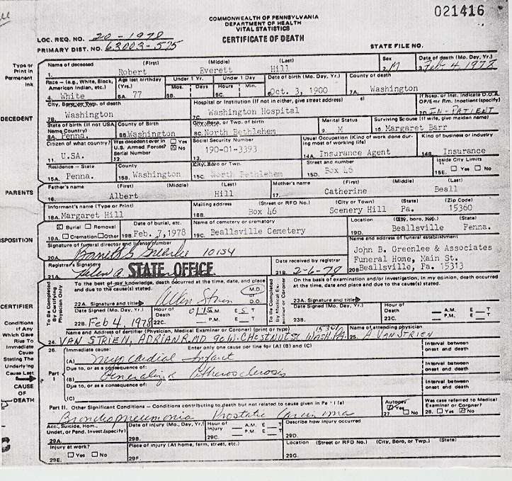 Robert Everett Hill death certificate